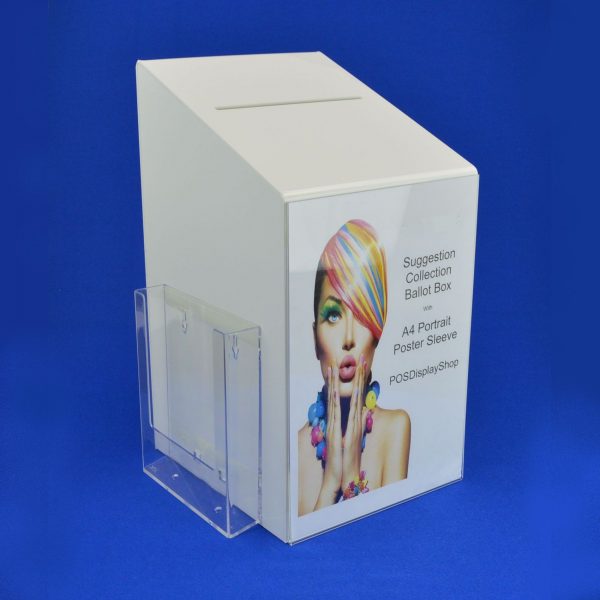 PDS9464 whiteLH front side Large Collection / Suggestion Box with A5 Holder White Acrylic
