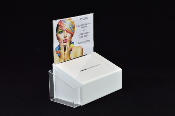 PDS9474 white lh A5L front side Collection / Suggestion Box with A5L Poster Holder