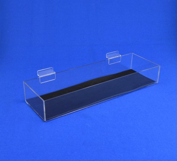 slatwall shelf / tray with rubber lining front side Slatwall Shelf / Tray with Rubber non slip lining Clear Acrylic